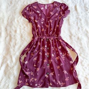 Maroon Floral Dress with Pockets and Buttons